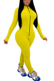 Yellow Fashion Sexy Solid zipper Milk. Long Sleeve O Neck Jumpsuits
