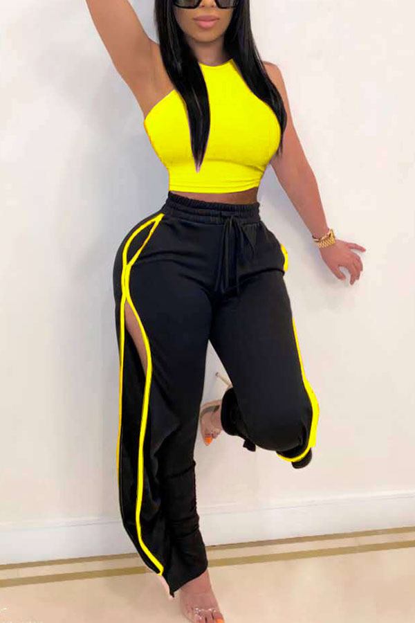 Yellow Spandex Sexy Ma'am Solid Two Piece Suits Straight Sleeveless Two Pieces