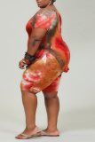 rose red Casual O Neck Print Tie Dye Pattern Plus Size