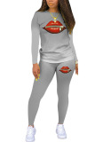 Grey Polyester Fashion Casual adult Ma'am Print Two Piece Suits pencil Long Sleeve Two Pieces