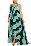 Green Polyester Fashion adult England Ma'am Spaghetti Strap Sleeveless Slip Asymmetrical Floor-Length Print Dresses