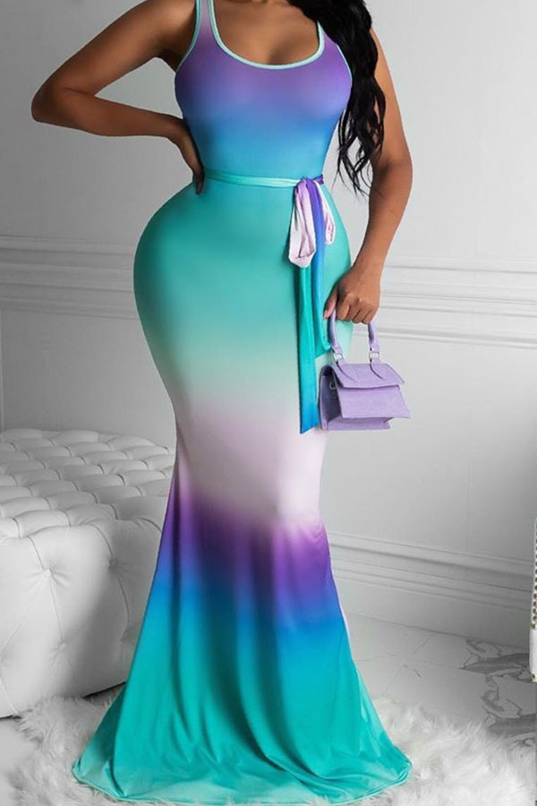 Blue Sexy Tank Sleeveless Swagger Floor-Length Print Ombre Dresses