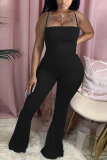 Black Fashion Sexy Solid Cotton Sleeveless Slip Jumpsuits