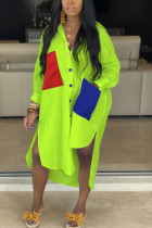 Fluorescent green Fashion adult Ma'am Street Shirt sleeves Long Sleeves Turndown Collar Asymmetrical Ankle-Length Patchwork Solid Dresses