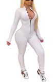 White Fashion Sexy Solid zipper Milk. Long Sleeve O Neck Jumpsuits