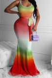 Red Sexy Tank Sleeveless Swagger Floor-Length Print Ombre Dresses