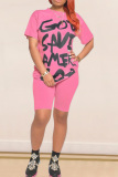Pink Cotton Sexy Letter Print Straight Short Sleeve Two Pieces