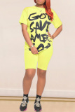 Yellow Cotton Sexy Letter Print Straight Short Sleeve Two Pieces