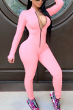 Pink Fashion Casual Solid zipper Milk. Long Sleeve O Neck Jumpsuits