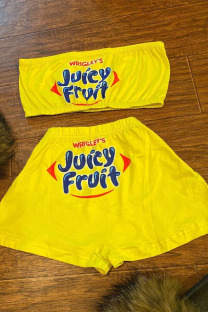 Yellow Sexy Print Straight Sleeveless Two Pieces