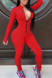 rose red Fashion Casual Solid zipper Milk. Long Sleeve O Neck Jumpsuits