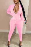 Yellow Fashion Casual Solid zipper Milk. Long Sleeve O Neck Jumpsuits