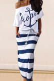 White and blue England Striped Geometric Letter Print bow-knot pencil Half Sleeve Two Pieces