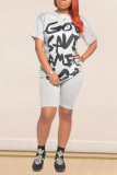 Grey Cotton Sexy Letter Print Straight Short Sleeve Two Pieces