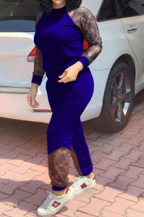 Blue Casual Solid Regular Long Sleeve Two Pieces