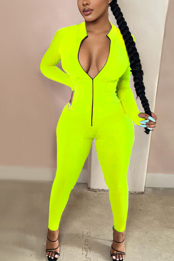 Green Fashion Casual Solid zipper Milk. Long Sleeve O Neck Jumpsuits