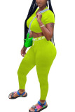 Fluorescent green Milk Silk Fashion adult Ma'am Sweet Patchwork Solid Two Piece Suits pencil Short Sleeve Two Pieces