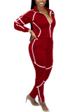 rose red Fashion Active adult Ma'am Patchwork Solid Two Piece Suits pencil Long Sleeve Two Pieces