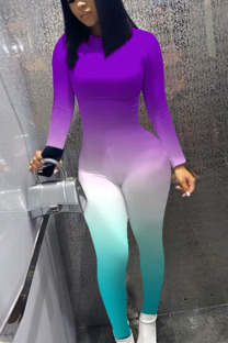 purple Casual Print Long Sleeve O Neck Jumpsuits