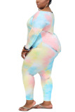 Pink Polyester Fashion Casual adult Ma'am O Neck Tie Dye Two Piece Suits Stitching Plus Size 