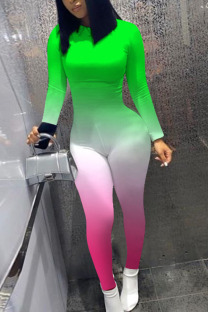 Fluorescent green Casual Print Long Sleeve O Neck Jumpsuits