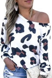 White Polyester One Shoulder Collar Long Sleeve Leopard Slim fit Tops