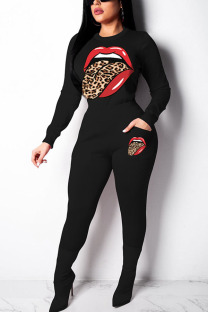 Black venetian Fashion Casual adult Ma'am Print Two Piece Suits pencil Long Sleeve Two Pieces