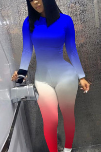Blue Casual Print Long Sleeve O Neck Jumpsuits