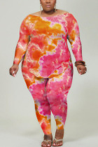 rose red Polyester Fashion Casual adult Ma'am O Neck Tie Dye Two Piece Suits Stitching Plus Size 
