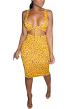 Yellow Milk Silk Fashion adult Ma'am OL Dot Two Piece Suits Hip skirt Sleeveless Two Pieces