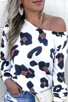White Polyester One Shoulder Collar Long Sleeve Leopard Slim fit Tops