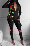 Black yellow Sexy Print Polyester Long Sleeve V Neck Jumpsuits