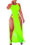Fluorescent green Polyester Sexy Europe and America Sleeveless O neck Slim Dress Floor-Length split Dresses