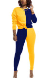 Yellow and blue Polyester Sexy Patchwork Solid pencil Long Sleeve Two Pieces