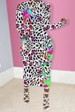 Blue Street Long Sleeves half high collar Step Skirt Mid-Calf Print Leopard Dresses