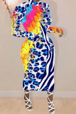 White Street Long Sleeves half high collar Step Skirt Mid-Calf Print Leopard Dresses
