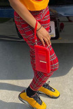 Red Polyester Zipper Fly Mid Plaid Straight Pants Bottoms