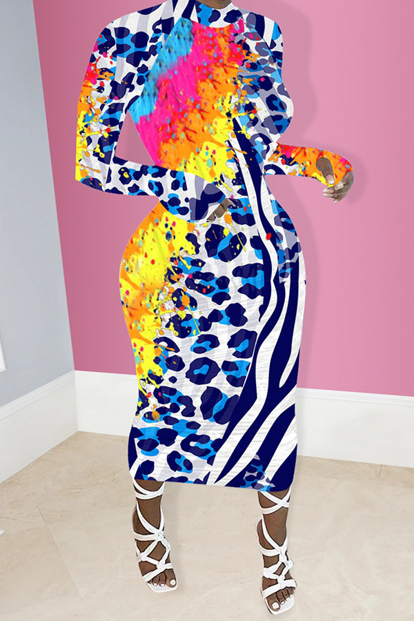 Blue Street Long Sleeves half high collar Step Skirt Mid-Calf Print Leopard Dresses