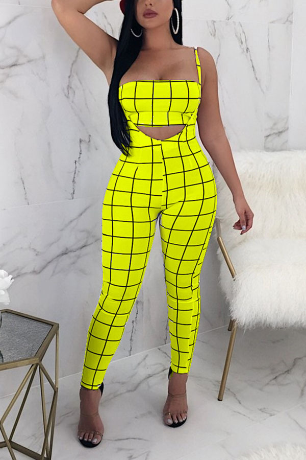Yellow venetian Fashion adult Europe and America Ma'am Plaid Two Piece Suits pencil Sleeveless Two Pieces