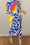 White Street Long Sleeves half high collar Step Skirt Mid-Calf Print Leopard Dresses
