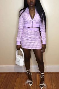 Light Purple Blends Celebrities Plaid Patchwork Print Hip skirt Long Sleeve Two Pieces