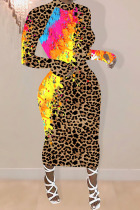 Brown Street Long Sleeves half high collar Step Skirt Mid-Calf Print Leopard Dresses