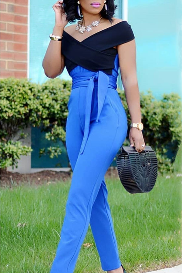 Blue Sexy Patchwork Solid zipper Sleeveless V Neck Jumpsuits