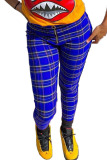 Blue Polyester Zipper Fly Mid Plaid Straight Pants Bottoms
