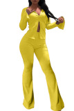 Yellow Polyester Elastic Fly Long Sleeve Mid Solid Loose Pants Bottoms