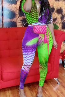 Green Sexy Print Short Sleeve V Neck Jumpsuits