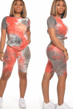 Red and black Polyester Fashion Street Print Tie Dye Two Piece Suits Straight Short Sleeve Two Pieces