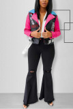 Pink Turndown Collar contrast color Fluorescent PU Long Sleeve Outerwear