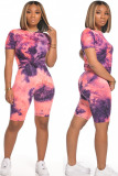 Purple and green Polyester Fashion Street Print Tie Dye Two Piece Suits Straight Short Sleeve Two Pieces
