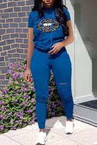 Blue Cotton Fashion Casual adult Ma'am Leopard Print Two Piece Suits pencil Short Sleeve Two Pieces
